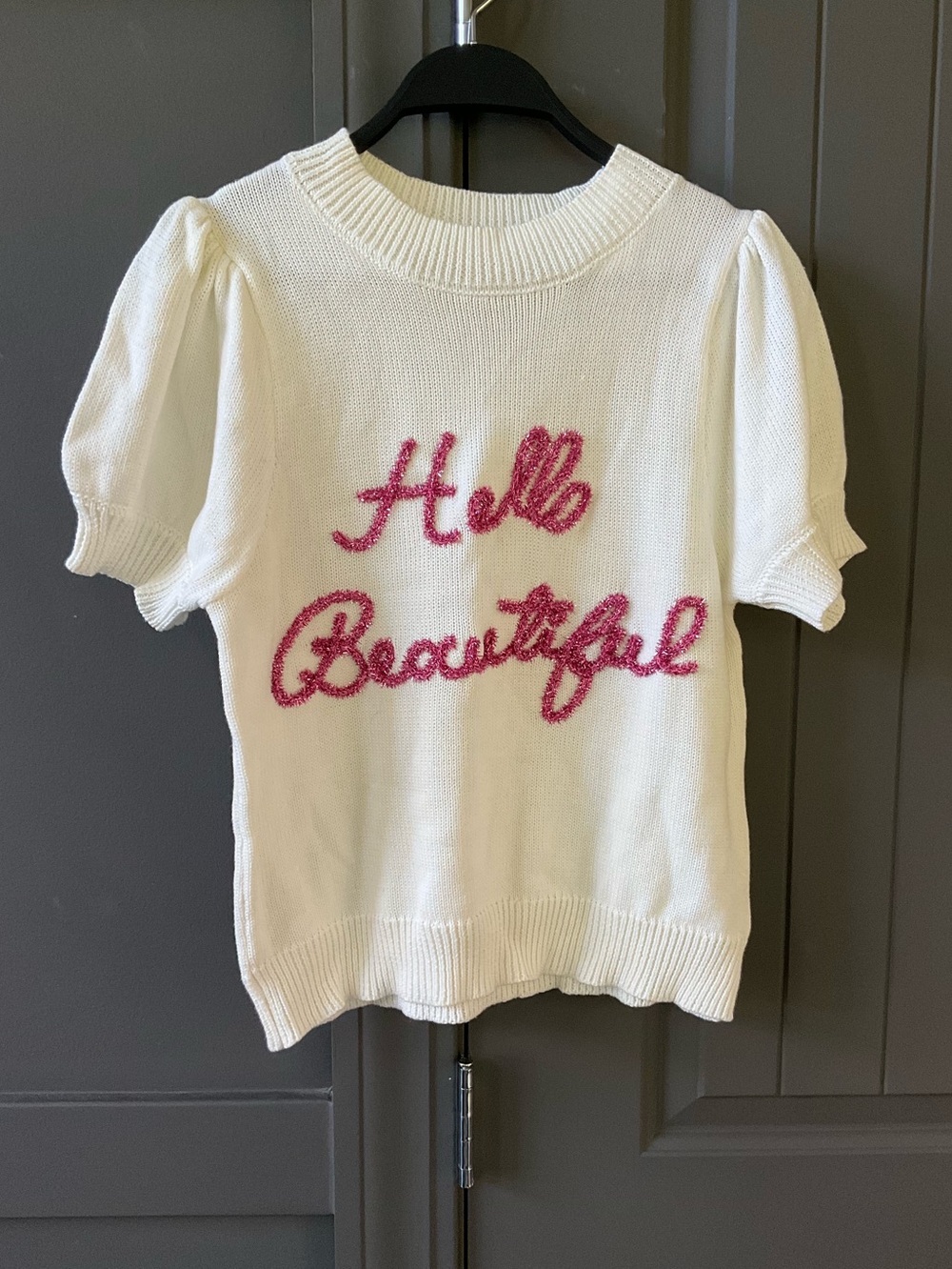 Gilli Cream Knit Puff-Sleeve Sweater with Pink Script